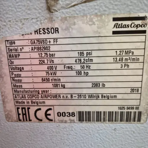 VENDIDO-COMPRESORES ELÉCTRICOS ATLAS COPCO GA7SV SD AÑOS 2016 / 2018 - Imagen 3